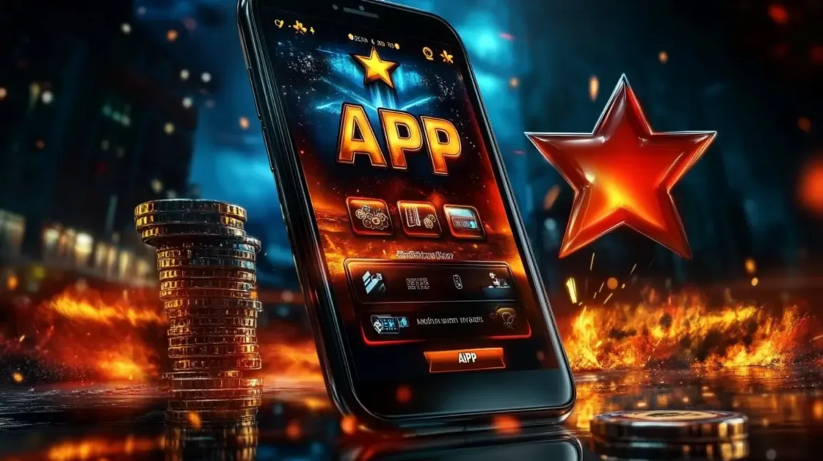 bb44 game গেমিং প্ল্যাটফর্ম অ্যাপটি একটি স্মার্টফোনে প্রদর্শিত হচ্ছে; সামনে একটি পৃষ্ঠে রাখা কয়েন ও একটি বড় লাল তারা রয়েছে, আর পটভূমি জ্বলন্ত, বিপর্যয়-পরবর্তী দৃশ্য।